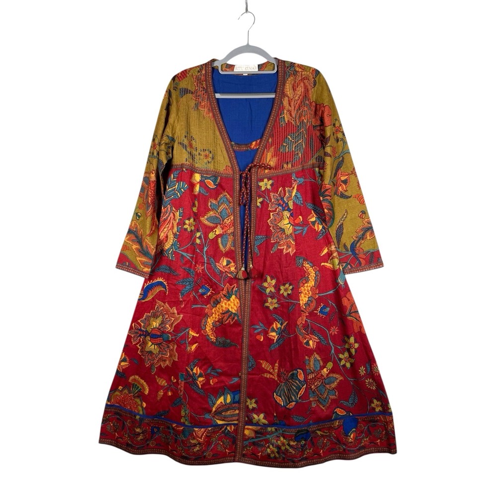 Ritu Kumar 100% Silk Kurta Set Floral Jacket & Dress Indian Boho Ethinc Set Sz S